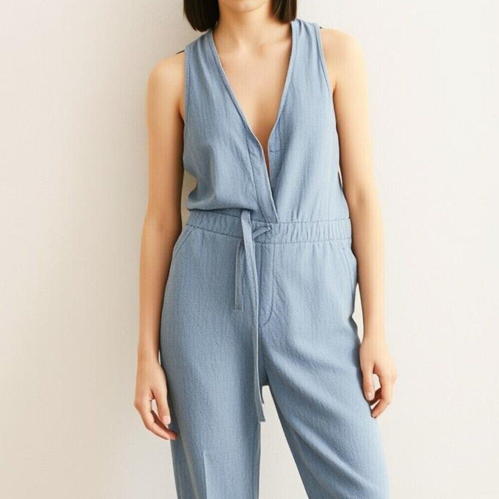 TOMMY HILFIGER Light Blue Denim Wrap Jumpsuit Size 4 | V-Neck Belted Romper NWT
